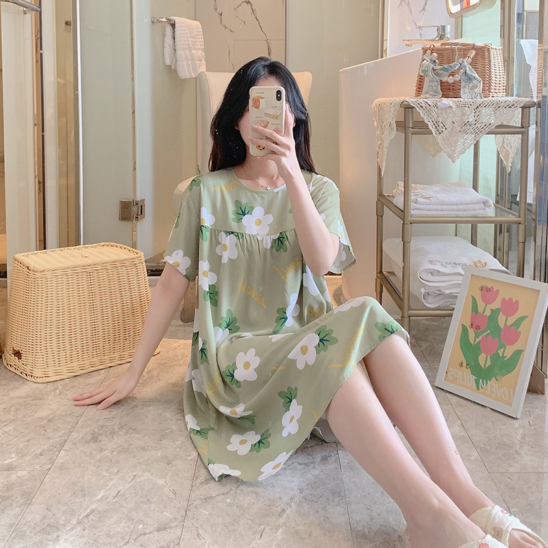 Noćna haljina od pamuk-satenske smjese, duga, okrugli izrez, 3/4 rukavi, prozračna, antibakterijska, udobna, pogodna za kuću i vanjsku upotrebu, luksuzan stil