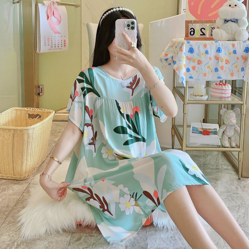 Noćna haljina od pamuk-satenske smjese, duga, okrugli izrez, 3/4 rukavi, prozračna, antibakterijska, udobna, pogodna za kuću i vanjsku upotrebu, luksuzan stil