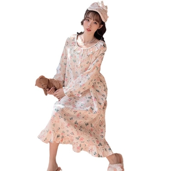 Noćna haljina za spavanje, japanskog stila s floralnim uzorkom, dugi rukavi, okrugli izrez, mješavina pamuk-poliester, za sve sezone kućna odjeća