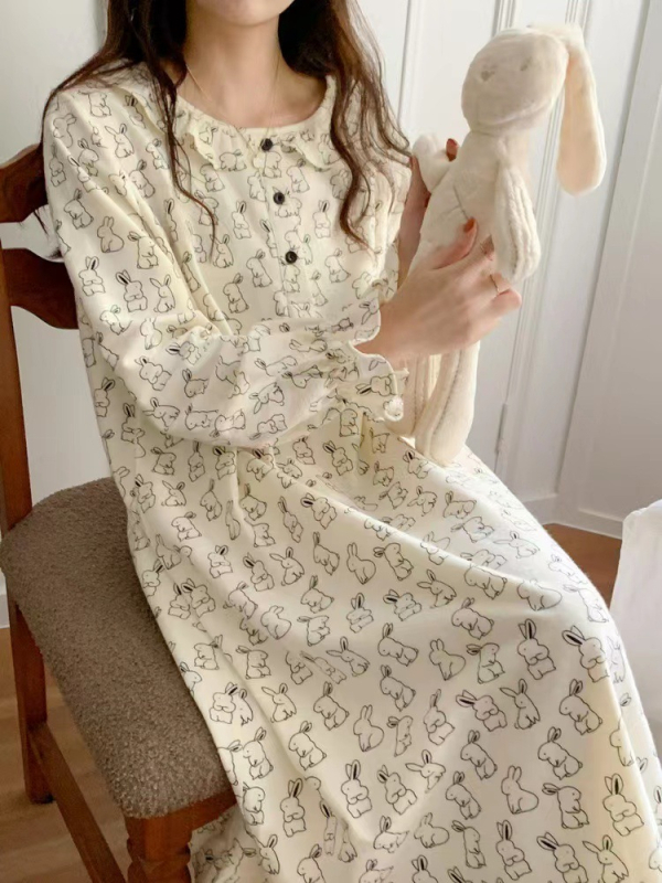 Noćna haljina za spavanje, japanskog stila s floralnim uzorkom, dugi rukavi, okrugli izrez, mješavina pamuk-poliester, za sve sezone kućna odjeća