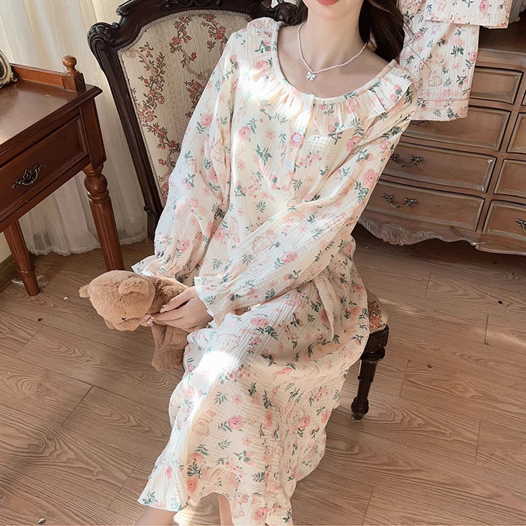 Noćna haljina za spavanje, japanskog stila s floralnim uzorkom, dugi rukavi, okrugli izrez, mješavina pamuk-poliester, za sve sezone kućna odjeća