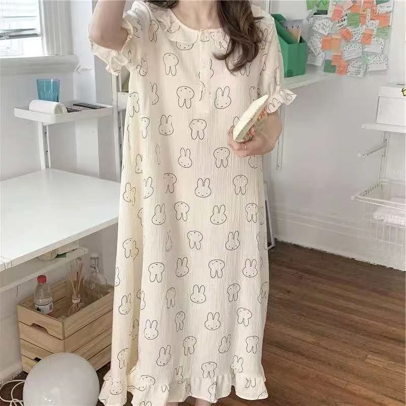 Noćna haljina za spavanje, japanskog stila s floralnim uzorkom, dugi rukavi, okrugli izrez, mješavina pamuk-poliester, za sve sezone kućna odjeća