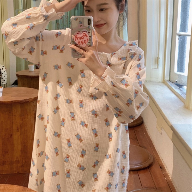 Noćna haljina za spavanje, japanskog stila s floralnim uzorkom, dugi rukavi, okrugli izrez, mješavina pamuk-poliester, za sve sezone kućna odjeća