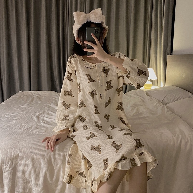 Noćna haljina za spavanje, japanskog stila s floralnim uzorkom, dugi rukavi, okrugli izrez, mješavina pamuk-poliester, za sve sezone kućna odjeća