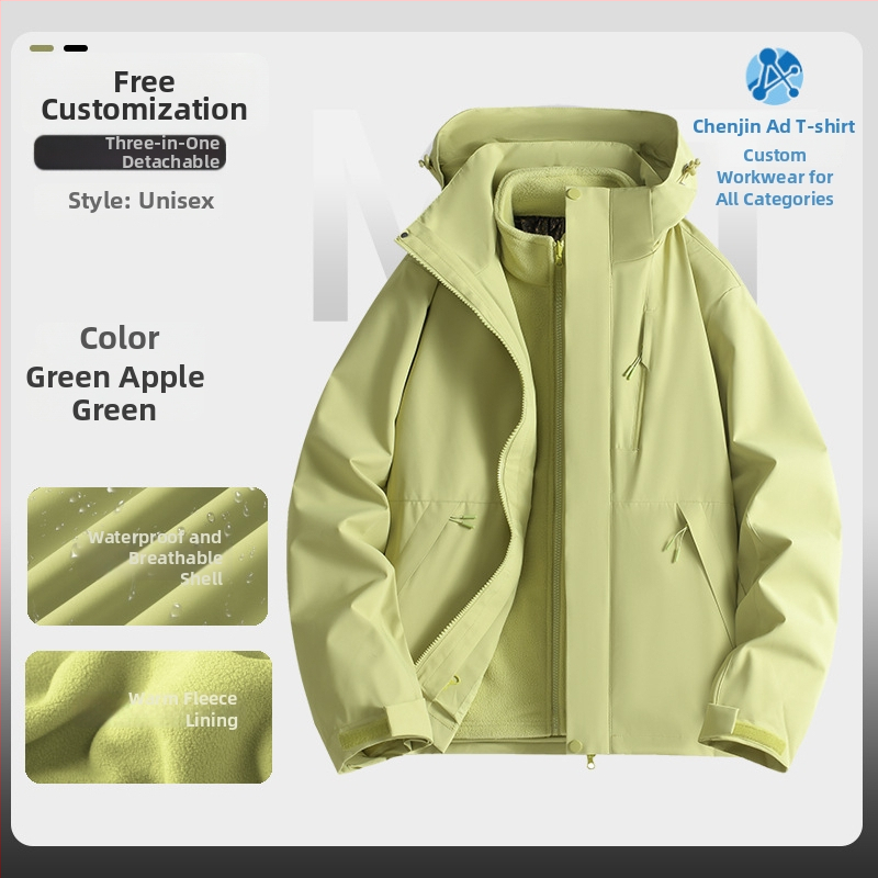 Jachetă de iarnă pentru muncă cu logo, exterior din bumbac, căptușeală din in, design trei în unu detașabil, cu glugă, lungime medie, buzunare aplicate