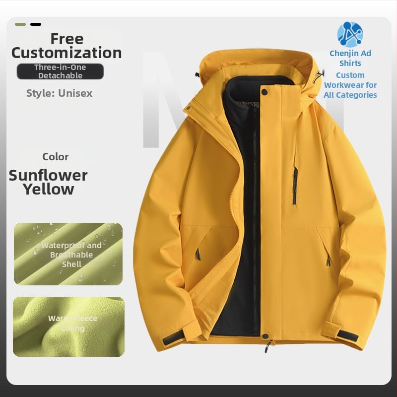 Jachetă de iarnă pentru muncă cu logo, exterior din bumbac, căptușeală din in, design trei în unu detașabil, cu glugă, lungime medie, buzunare aplicate