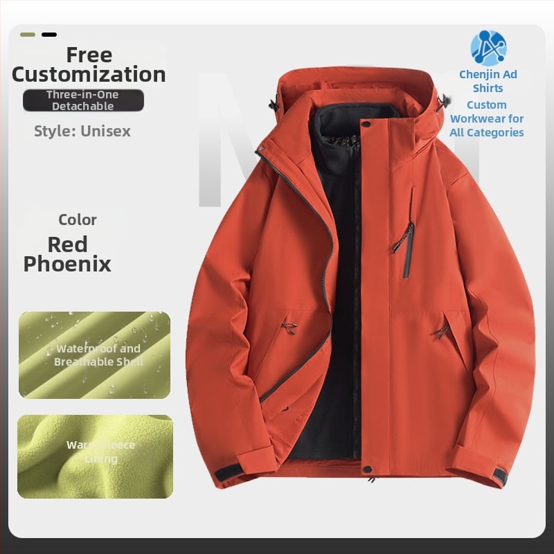 Jachetă de iarnă pentru muncă cu logo, exterior din bumbac, căptușeală din in, design trei în unu detașabil, cu glugă, lungime medie, buzunare aplicate