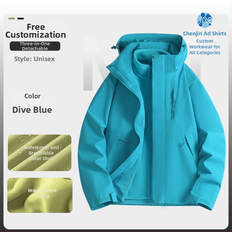 Jachetă de iarnă pentru muncă cu logo, exterior din bumbac, căptușeală din in, design trei în unu detașabil, cu glugă, lungime medie, buzunare aplicate