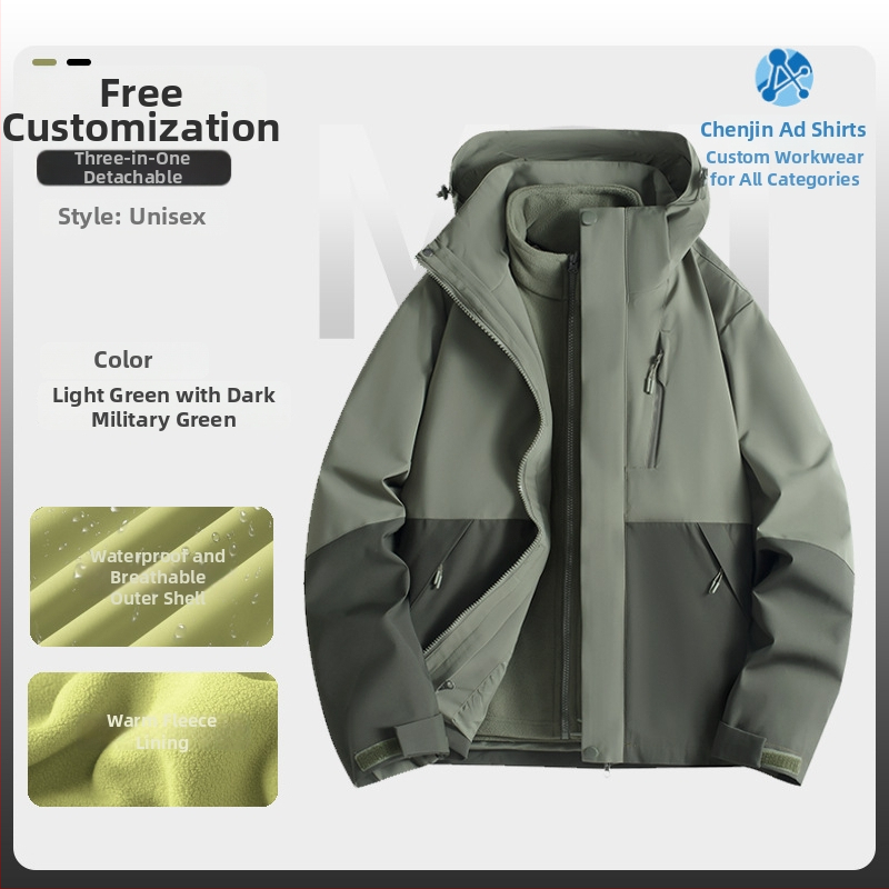 Jachetă de iarnă pentru muncă cu logo, exterior din bumbac, căptușeală din in, design trei în unu detașabil, cu glugă, lungime medie, buzunare aplicate