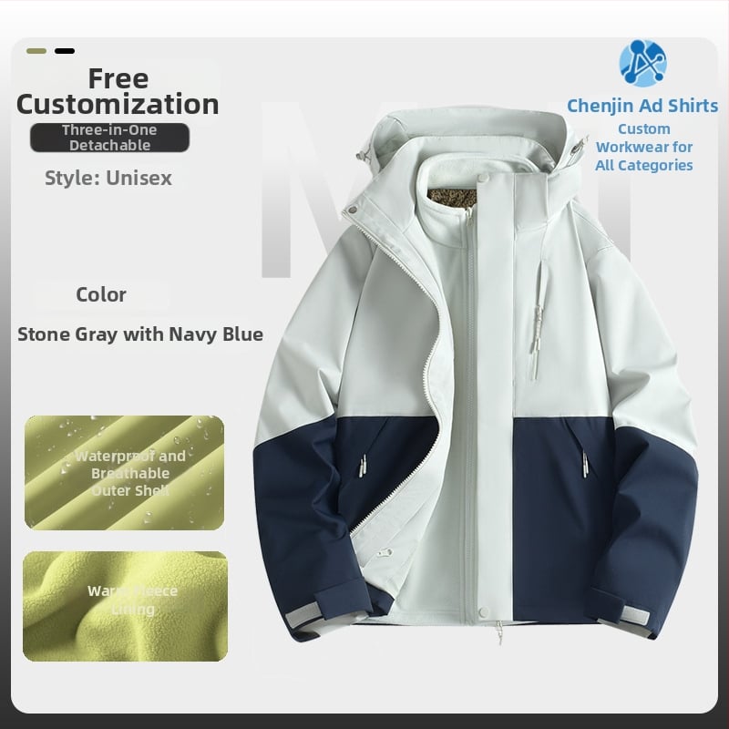 Jachetă de iarnă pentru muncă cu logo, exterior din bumbac, căptușeală din in, design trei în unu detașabil, cu glugă, lungime medie, buzunare aplicate