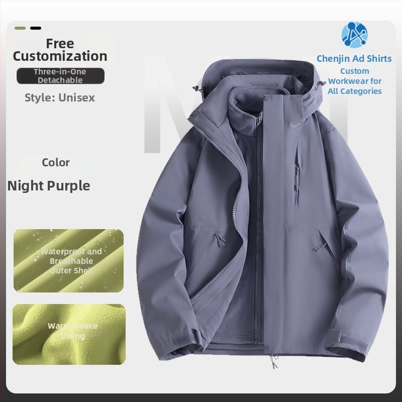 Jachetă de iarnă pentru muncă cu logo, exterior din bumbac, căptușeală din in, design trei în unu detașabil, cu glugă, lungime medie, buzunare aplicate