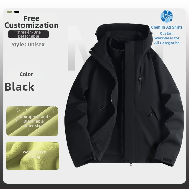 Jachetă de iarnă pentru muncă cu logo, exterior din bumbac, căptușeală din in, design trei în unu detașabil, cu glugă, lungime medie, buzunare aplicate