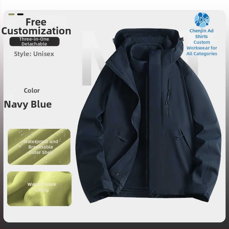 Jachetă de iarnă pentru muncă cu logo, exterior din bumbac, căptușeală din in, design trei în unu detașabil, cu glugă, lungime medie, buzunare aplicate