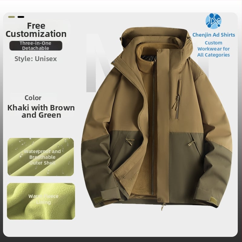 Jachetă de iarnă pentru muncă cu logo, exterior din bumbac, căptușeală din in, design trei în unu detașabil, cu glugă, lungime medie, buzunare aplicate