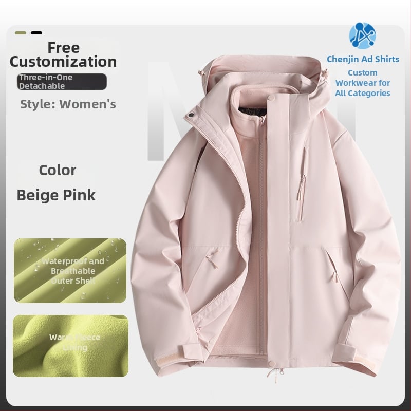 Jachetă de iarnă pentru muncă cu logo, exterior din bumbac, căptușeală din in, design trei în unu detașabil, cu glugă, lungime medie, buzunare aplicate