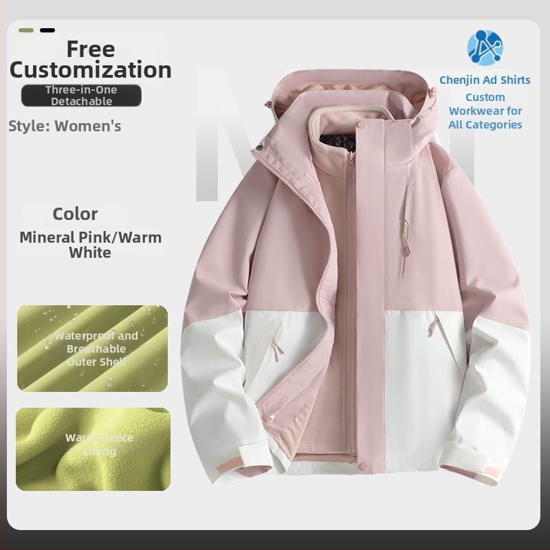 Jachetă de iarnă pentru muncă cu logo, exterior din bumbac, căptușeală din in, design trei în unu detașabil, cu glugă, lungime medie, buzunare aplicate