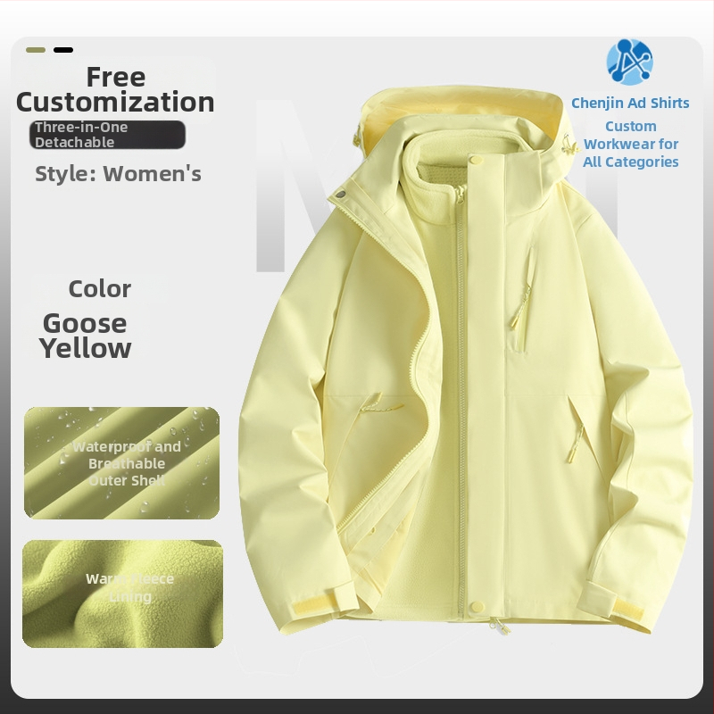 Jachetă de iarnă pentru muncă cu logo, exterior din bumbac, căptușeală din in, design trei în unu detașabil, cu glugă, lungime medie, buzunare aplicate