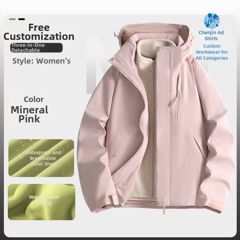 Jachetă de iarnă pentru muncă cu logo, exterior din bumbac, căptușeală din in, design trei în unu detașabil, cu glugă, lungime medie, buzunare aplicate