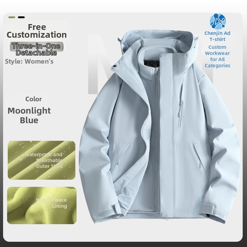 Jachetă de iarnă pentru muncă cu logo, exterior din bumbac, căptușeală din in, design trei în unu detașabil, cu glugă, lungime medie, buzunare aplicate