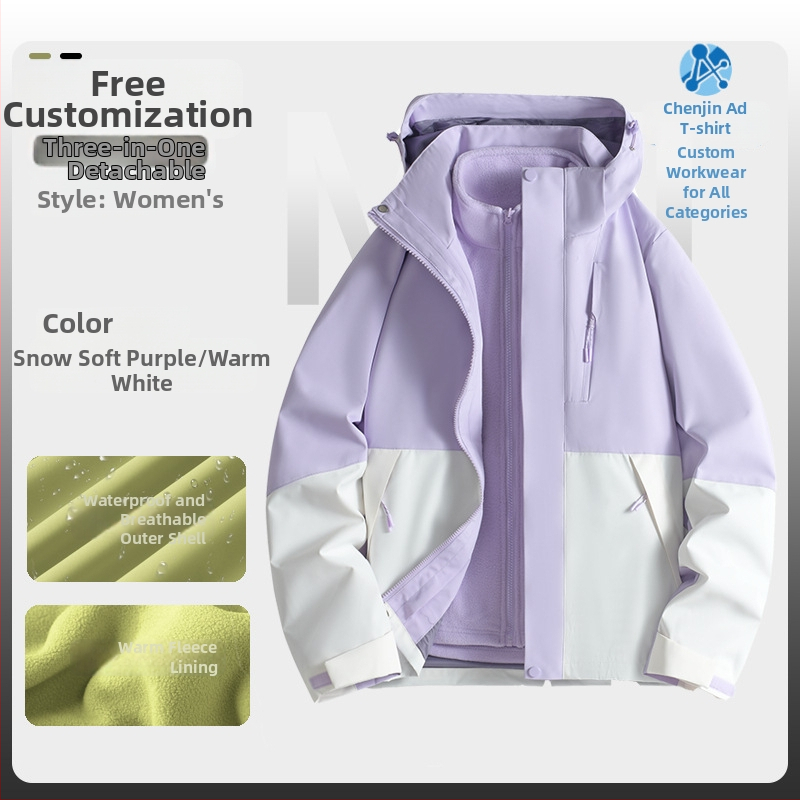 Jachetă de iarnă pentru muncă cu logo, exterior din bumbac, căptușeală din in, design trei în unu detașabil, cu glugă, lungime medie, buzunare aplicate