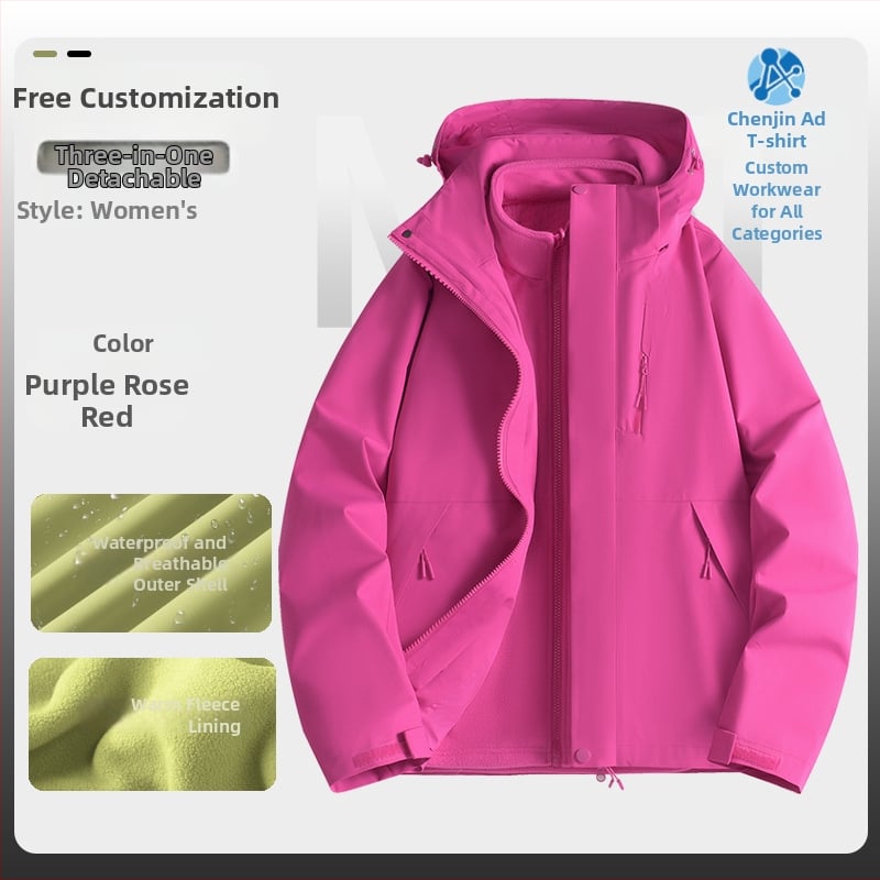 Jachetă de iarnă pentru muncă cu logo, exterior din bumbac, căptușeală din in, design trei în unu detașabil, cu glugă, lungime medie, buzunare aplicate