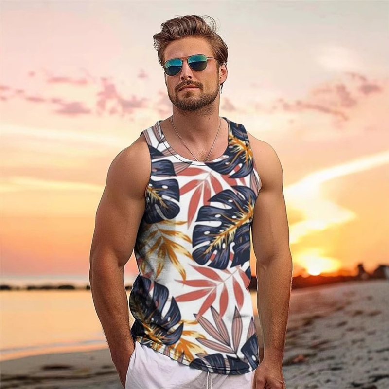 Мъжки спортен жилет с принт на кокосово дърво, стегнат силует, памук 96% / полиестерни влакна