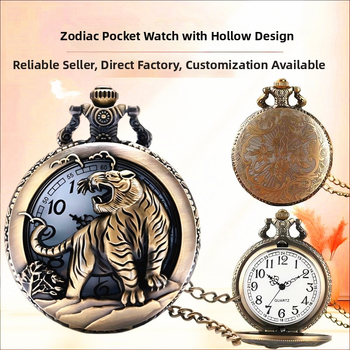 Kišeninis laikrodis su grandine, dvylika zodiako ženklų, retro stilius, didelis išpjautas cifernèlis, kvarcinis mechanizmas Huachen SL39, modelis 0698