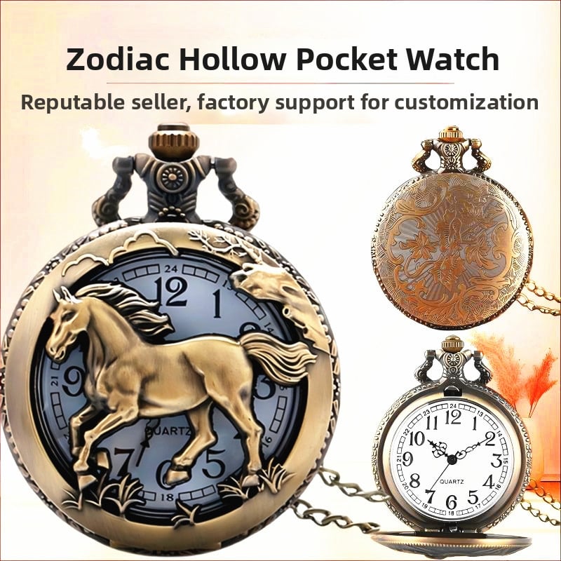 Kišeninis laikrodis su grandine, dvylika zodiako ženklų, retro stilius, didelis išpjautas cifernèlis, kvarcinis mechanizmas Huachen SL39, modelis 0698