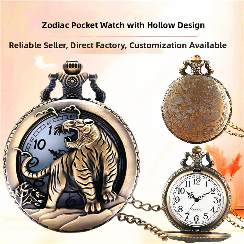 Kišeninis laikrodis su grandine, dvylika zodiako ženklų, retro stilius, didelis išpjautas cifernèlis, kvarcinis mechanizmas Huachen SL39, modelis 0698