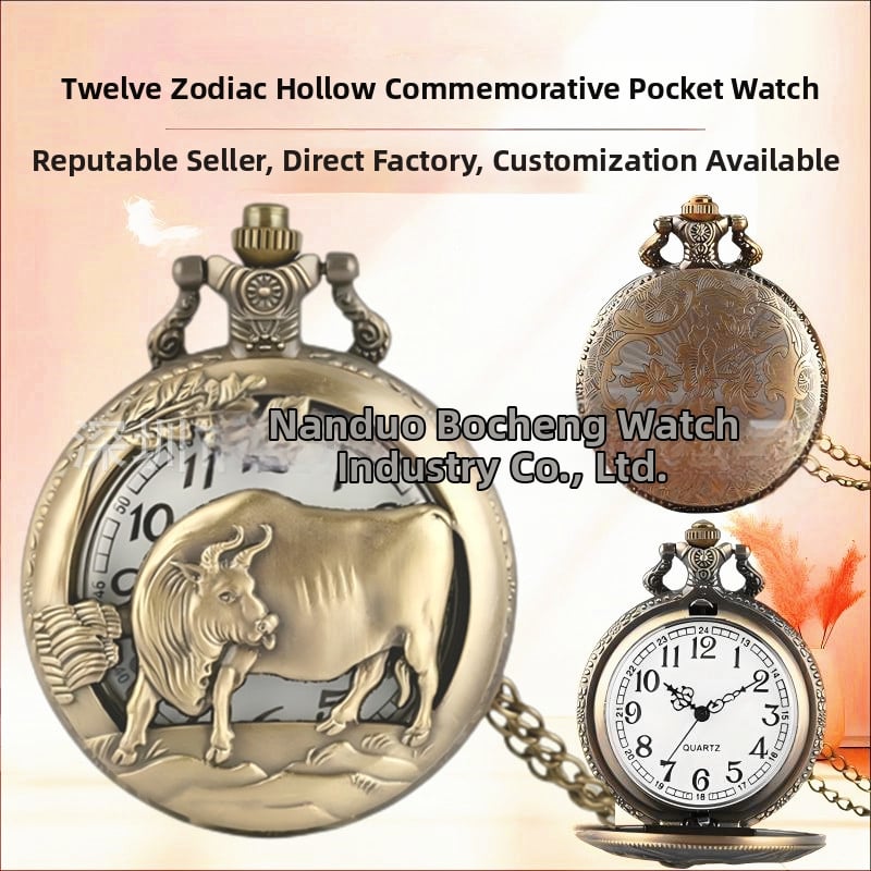 Kišeninis laikrodis su grandine, dvylika zodiako ženklų, retro stilius, didelis išpjautas cifernèlis, kvarcinis mechanizmas Huachen SL39, modelis 0698