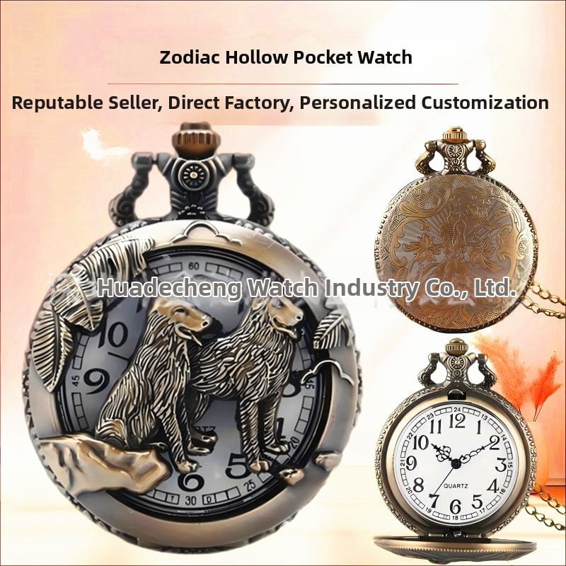 Kišeninis laikrodis su grandine, dvylika zodiako ženklų, retro stilius, didelis išpjautas cifernèlis, kvarcinis mechanizmas Huachen SL39, modelis 0698