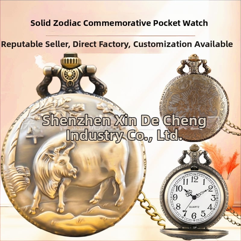 Kišeninis laikrodis su grandine, dvylika zodiako ženklų, retro stilius, didelis išpjautas cifernèlis, kvarcinis mechanizmas Huachen SL39, modelis 0698