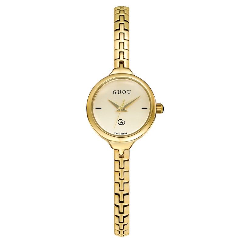 Moterų laikrodis su japonų kvarcinio mechanizmo, apvalus laikrodžio skydelis, metalinis korpusas, mineralinis stiklas, atsparumas vandeniui 30 m