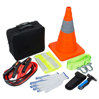 Baida Nešiojamas Automobilio Avarinės Rinkinys — šlapimo maišelis, įspėjimo žibintas, užvedimo laidai, avarinis trikampis, plastikinė dėžutė