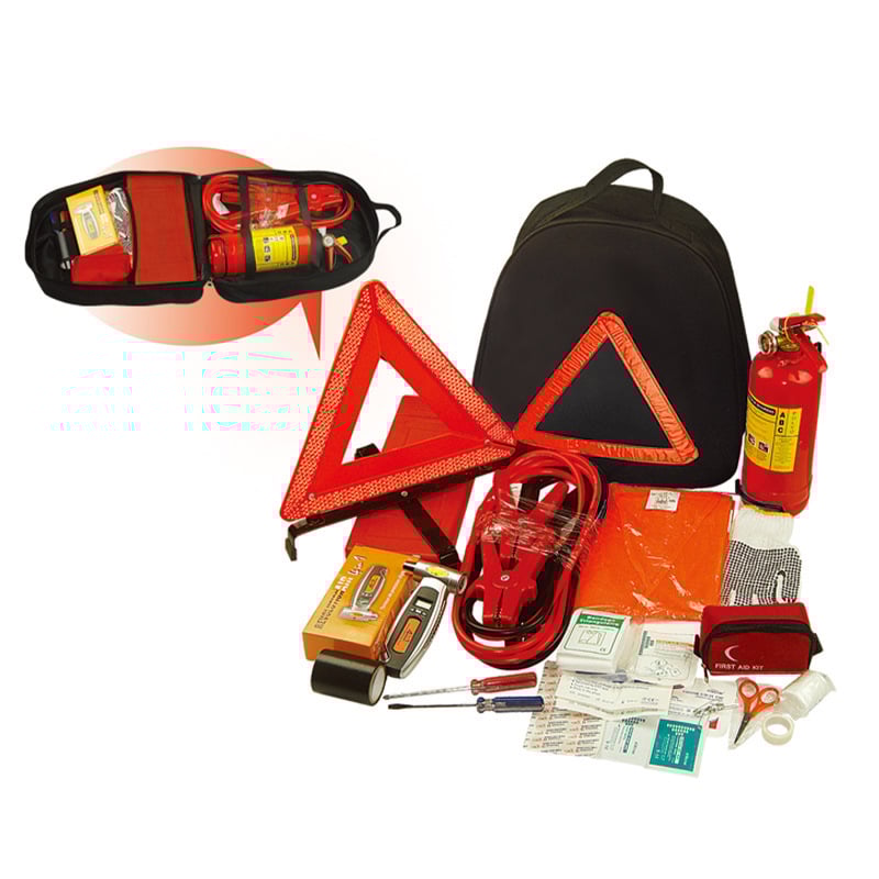 Baida Nešiojamas Automobilio Avarinės Rinkinys — šlapimo maišelis, įspėjimo žibintas, užvedimo laidai, avarinis trikampis, plastikinė dėžutė