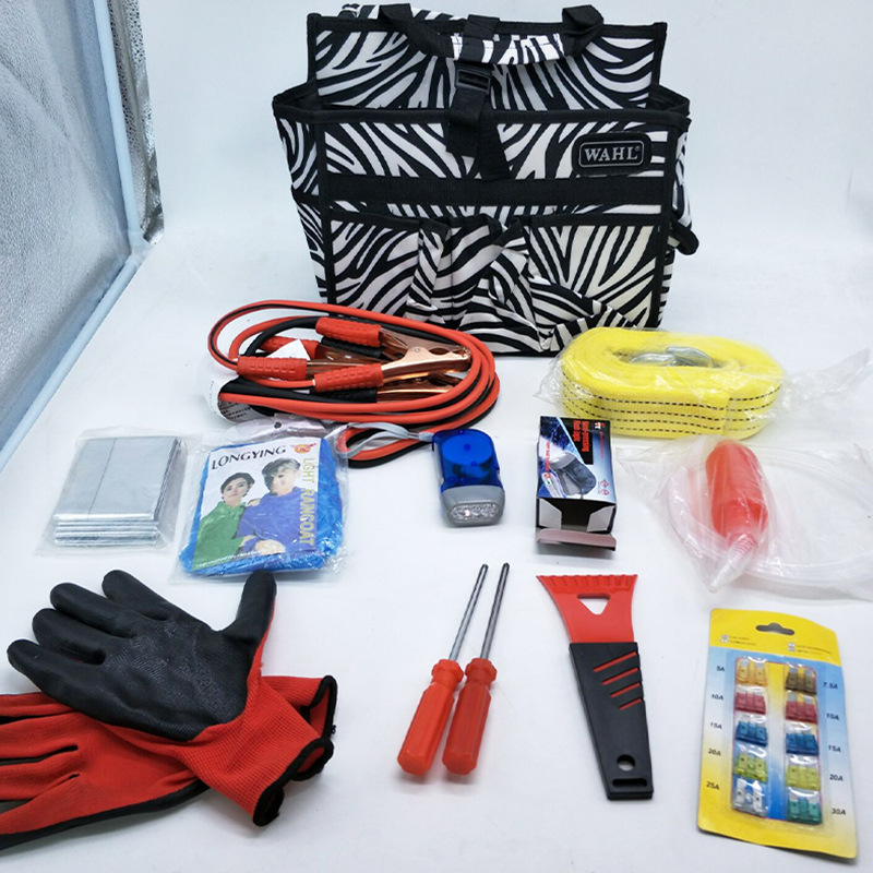 Baida Nešiojamas Automobilio Avarinės Rinkinys — šlapimo maišelis, įspėjimo žibintas, užvedimo laidai, avarinis trikampis, plastikinė dėžutė