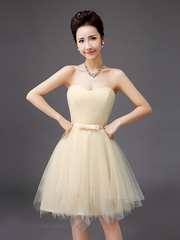 Рокля за шаферки, мек мрежест плат, полиестер 70–80%, без ръкави, деколте тип тръба, талия средна височина, къса пола, текстура на намачкан ефект, есенно издание 2024