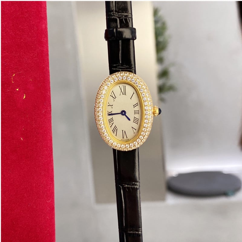 Moteriški kvarciniai laikrodžiai su ovaliu dialu, nerūdijančio plieno korpusas, dirbtinės odos dirželis, Swiss ETA mechanizmas, safyro stiklas, vandeniui 30M atsparumas