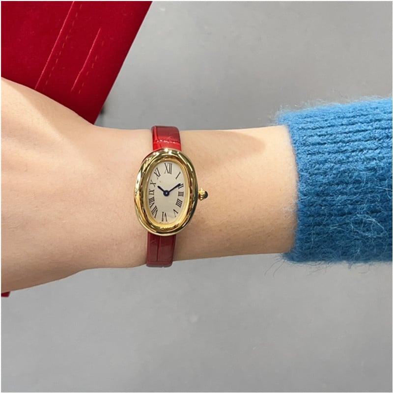 Moteriški kvarciniai laikrodžiai su ovaliu dialu, nerūdijančio plieno korpusas, dirbtinės odos dirželis, Swiss ETA mechanizmas, safyro stiklas, vandeniui 30M atsparumas