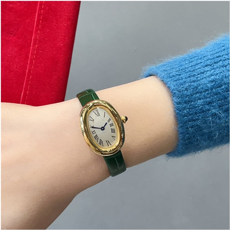 Moteriški kvarciniai laikrodžiai su ovaliu dialu, nerūdijančio plieno korpusas, dirbtinės odos dirželis, Swiss ETA mechanizmas, safyro stiklas, vandeniui 30M atsparumas