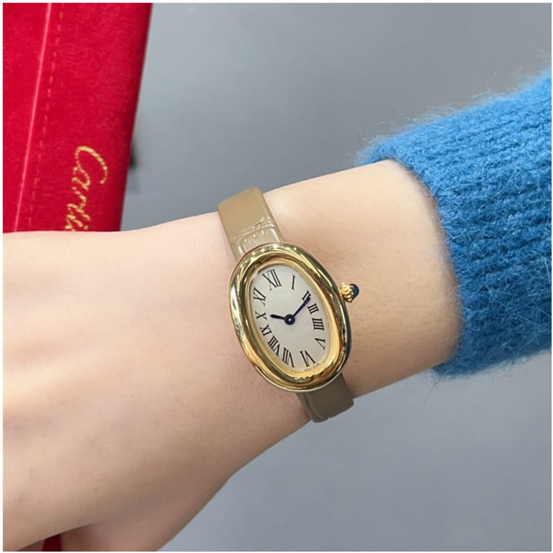 Moteriški kvarciniai laikrodžiai su ovaliu dialu, nerūdijančio plieno korpusas, dirbtinės odos dirželis, Swiss ETA mechanizmas, safyro stiklas, vandeniui 30M atsparumas