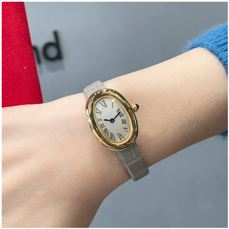 Moteriški kvarciniai laikrodžiai su ovaliu dialu, nerūdijančio plieno korpusas, dirbtinės odos dirželis, Swiss ETA mechanizmas, safyro stiklas, vandeniui 30M atsparumas