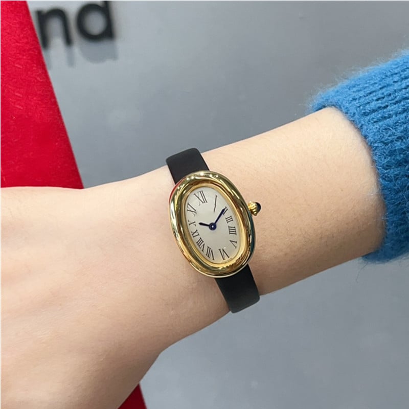 Moteriški kvarciniai laikrodžiai su ovaliu dialu, nerūdijančio plieno korpusas, dirbtinės odos dirželis, Swiss ETA mechanizmas, safyro stiklas, vandeniui 30M atsparumas