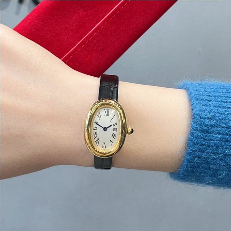 Moteriški kvarciniai laikrodžiai su ovaliu dialu, nerūdijančio plieno korpusas, dirbtinės odos dirželis, Swiss ETA mechanizmas, safyro stiklas, vandeniui 30M atsparumas