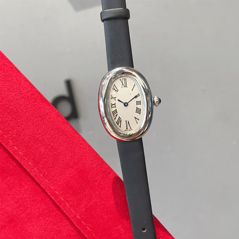 Moteriški kvarciniai laikrodžiai su ovaliu dialu, nerūdijančio plieno korpusas, dirbtinės odos dirželis, Swiss ETA mechanizmas, safyro stiklas, vandeniui 30M atsparumas