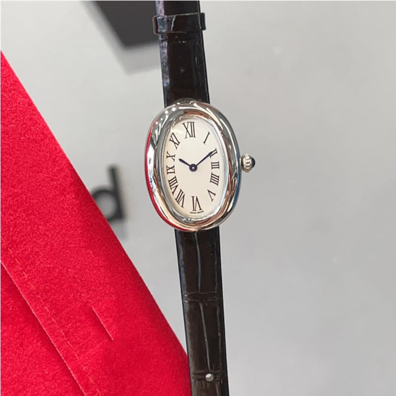 Moteriški kvarciniai laikrodžiai su ovaliu dialu, nerūdijančio plieno korpusas, dirbtinės odos dirželis, Swiss ETA mechanizmas, safyro stiklas, vandeniui 30M atsparumas