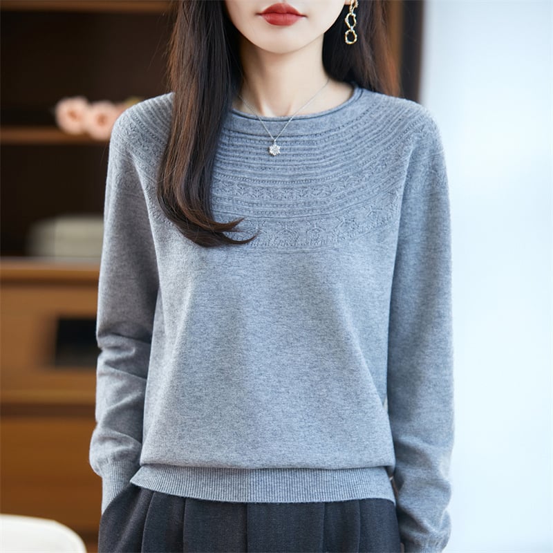 Laza szabású pulóver, kerek nyakú, üreges kötés textúra, Andy velvet anyag, hosszú ujjú