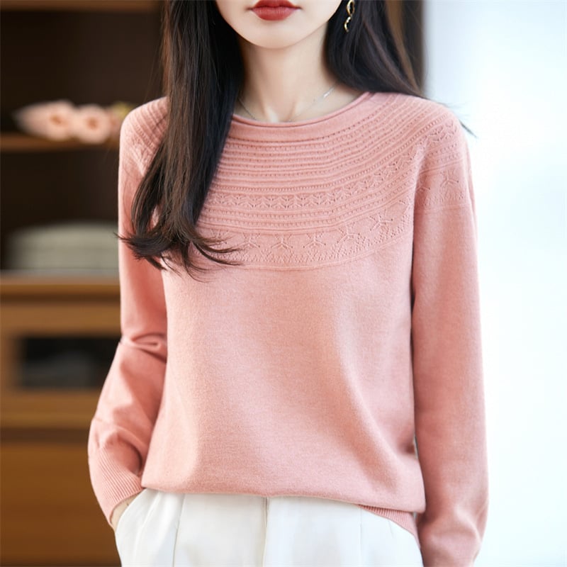 Laza szabású pulóver, kerek nyakú, üreges kötés textúra, Andy velvet anyag, hosszú ujjú