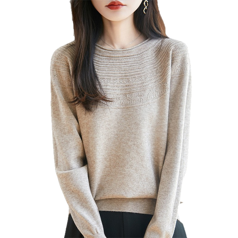 Laza szabású pulóver, kerek nyakú, üreges kötés textúra, Andy velvet anyag, hosszú ujjú