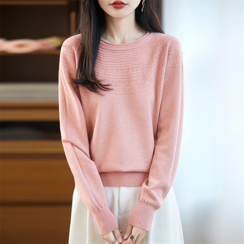 Laza szabású pulóver, kerek nyakú, üreges kötés textúra, Andy velvet anyag, hosszú ujjú